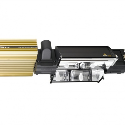 Dispositivo tecnológico com caixa dourada metálica e parte preta translúcida mostrando componentes internos