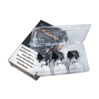 Embalagem de pods para vape com três unidades em plástico transparente e caixa preta com aviso em espanhol