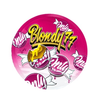 Imagem redonda rosa e branca com texto Blondy 77 e doces com texto Only CBD.