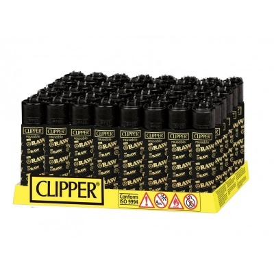 Expositor de isqueiros Clipper pretos com padrão RAW dourado em base amarela