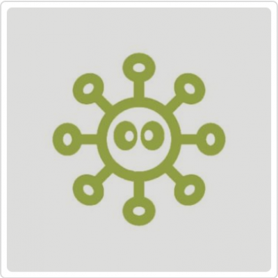 Ícone verde de vírus ou bactéria sobre fundo cinza claro