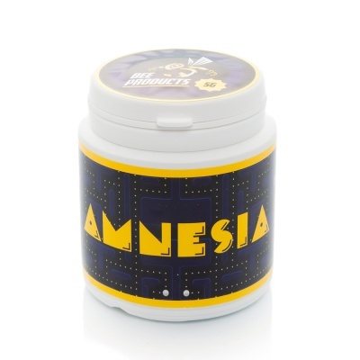 Frasco branco com rótulo preto e amarelo com texto AMNESIA e BEE PRODUCTS 5G