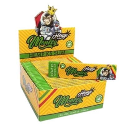 Caixa amarela com papel para enrolar tabaco Monkey Hemp e macaco astronauta