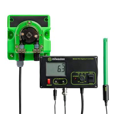 Controlador digital de pH Milwaukee MC122 PRO com visor, botões, sensor e unidade da bomba em verde e preto.