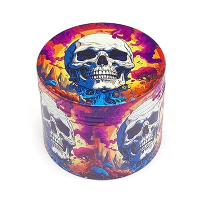 Produto redondo com padrão de caveiras coloridas