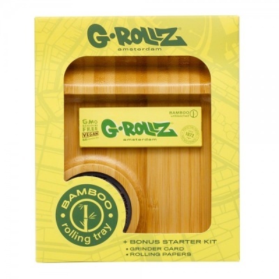 Tabuleiro para enrolar em bambu G-ROLLZ com embalagem amarela