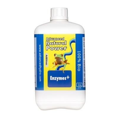 Frasco branco com rótulo amarelo e azul com texto Advanced Natural Power Enzymes+ e imagem de rã