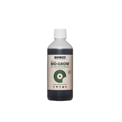 Frasco plástico preto com tampa branca e rótulo BIOBIZZ BIO-GROW