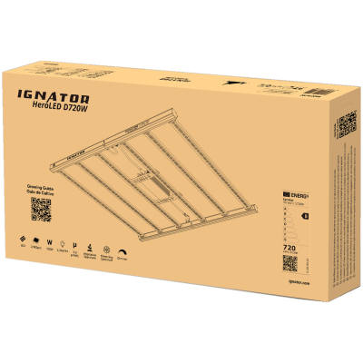 Embalagem de luz LED agrícola IGNATOR HeroLED D720W caixa de papelão castanho com ilustração técnica