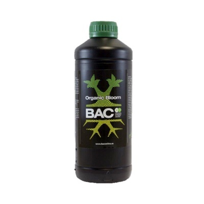 Frasco preto de plástico com tampa verde e rótulo Organic Bloom BAC