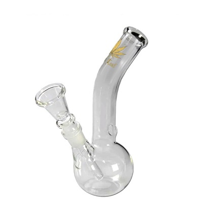 Bong de vidro transparente com desenho dourado de folha de cânhamo