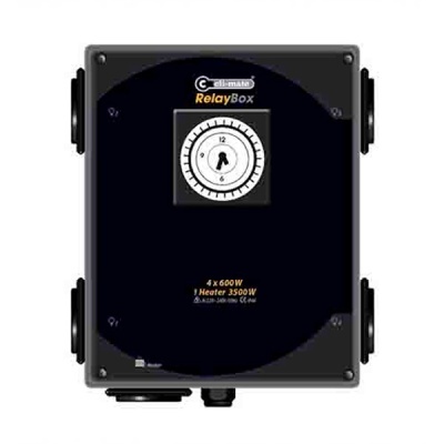 Relógio temporizador preto cell-mate RelayBox com seletor circular e texto sobre potência