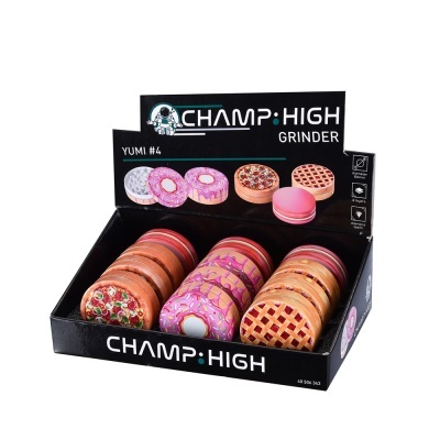 Moedores redondos CHAMP HIGH com designs de pizza, donut e tarte em caixa preta