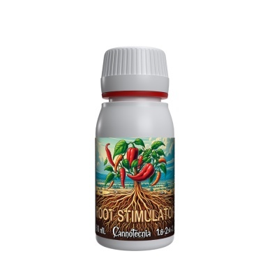 Frasco com rótulo de estimulador de raízes com planta de pimentos.