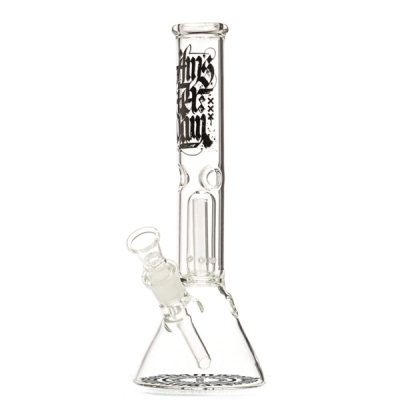 Bong de vidro transparente com texto preto e base de cone