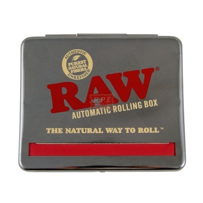 Caixa automática para enrolar RAW metal cinza com texto vermelho e dourado