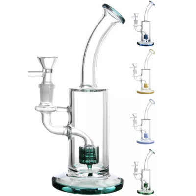 Bong de vidro transparente com base e filtro colorido, exibido em várias cores diferentes.