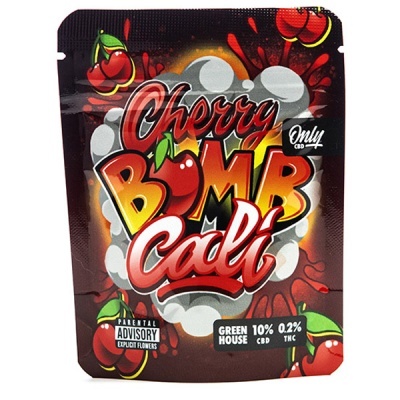 Embalagem de produto Cherry BOMB Cali com design de cerejas e explosão colorida