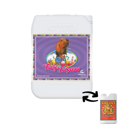 Recipiente branco com rótulo colorido e imagem de cão e texto Tasty Terpenes