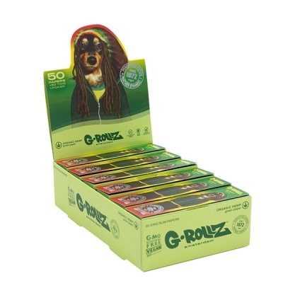 Display de papel de enrolar G-Rollz verde com imagem de cão com dreadlocks e capuz