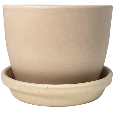 Vaso de planta de cerâmica bege claro com prato