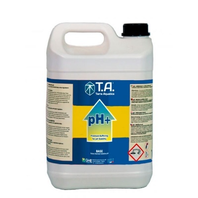 Frasco plástico branco com etiqueta azul e amarela do produto pH+ da Terra Aquatica.