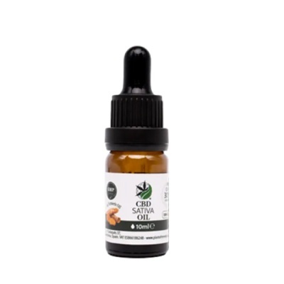 Frasco âmbar com conta-gotas preto e etiqueta branca de óleo CBD Sativa 10 ml