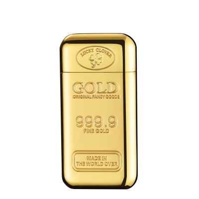 Isqueiro dourado metálico com texto gravado