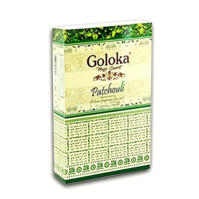 Embalagem de incenso Goloka Patchouli verde creme com texto e padrões decorativos
