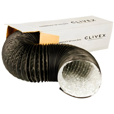 Tubo flexível preto com interior metálico e caixa branca de embalagem CLIVEX