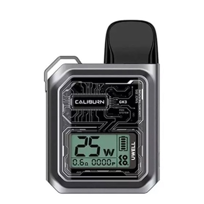 Dispositivo de vape CALIBURN GX3 cinza com ecrã digital