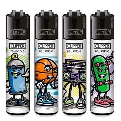 Isqueiros Clipper reutilizáveis decorados com personagens animados de spray, bola de basquete, coluna de som e skate.