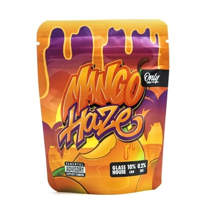 Embalagem colorida com o texto Mango Haze e informações sobre CBD e THC.