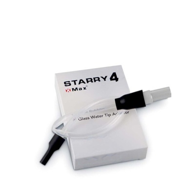 Embalagem branca com texto Starry 4 Max e tubo transparente com pontas preta e cinza
