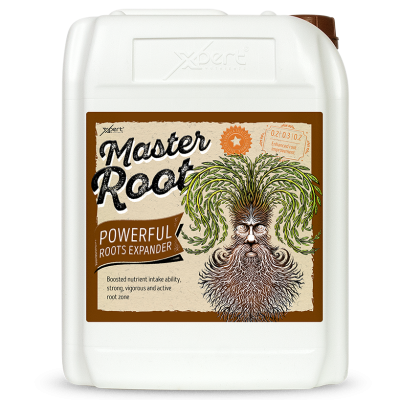 Recipiente branco de plástico com rótulo Master Root e imagem de rosto feito de raízes e folhas