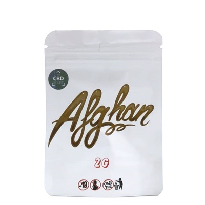 Embalagem branca com fecho zip e texto dourado Afghan