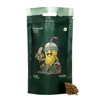 Embalagem verde escura com desenho de banana animada e texto informativo sobre CBD.