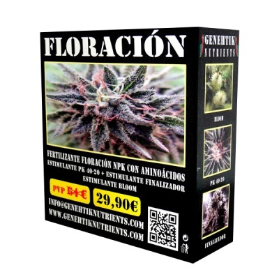 Embalagem preta de fertilizante Floración com imagem de planta e texto em branco e amarelo