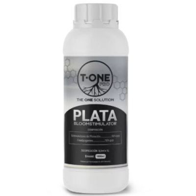 Frasco branco com rótulo cinza e preto do produto PLATA BLOOMSTIMULATOR da T-ONE PROS