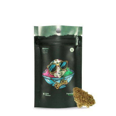 Pacote preto com desenho colorido de gelado com óculos e flor seca ao lado