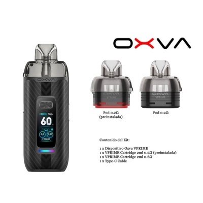 Dispositivo Oxva VPRIME preto com ecrã digital e dois pods substituíveis