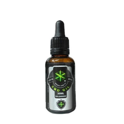 Frasco de óleo CBD com conta-gotas e rótulo cinza e verde