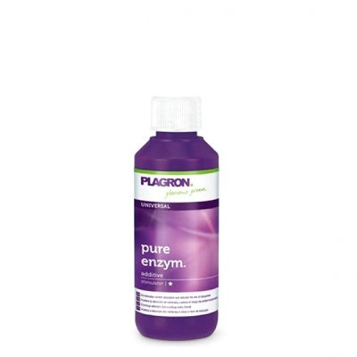 Frasco roxo de aditivo universal Plagron pure enzym com etiqueta e tampa transparente