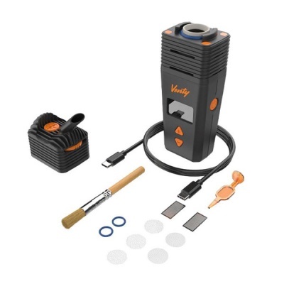 Vaporizador preto e laranja Verity com acessórios incluindo cabo USB-C, pincel, anéis, discos, telas e acessório laranja