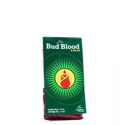 Pacote verde Bud Blood 0-39-25 com logotipo vermelho e amarelo, 40g da Advanced Nutrients