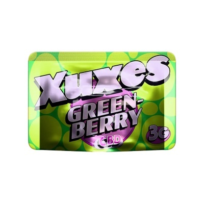 Embalagem verde e amarela com texto Xuxes GREEN-BERRY CBD 3G