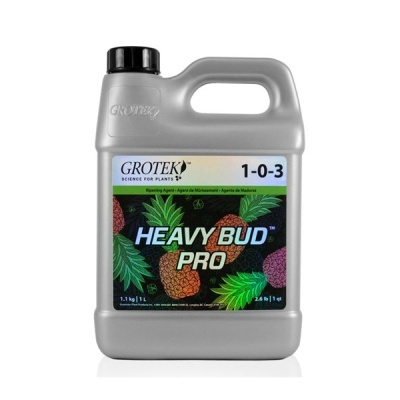 Frasco cinzento Heavy Bud Pro da Grotek com etiqueta colorida e tampa preta