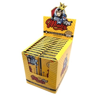 Expositor amarelo com folhas King Monkey, design de macaco com coroa e texto KING SIZE SLIM 200 LEAVES
