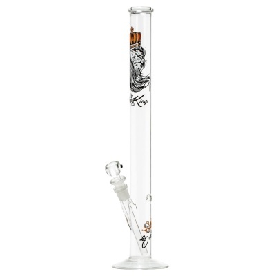 Bong de vidro transparente com desenho de leão com coroa e texto King