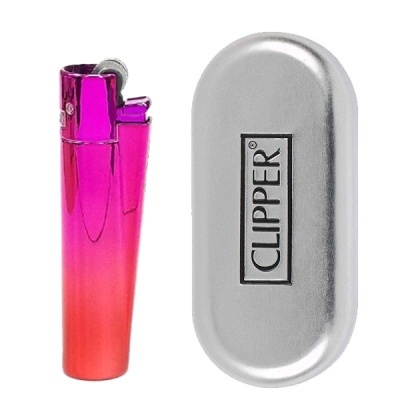 Isqueiro rosa e laranja com estojo metálico prateado CLIPPER